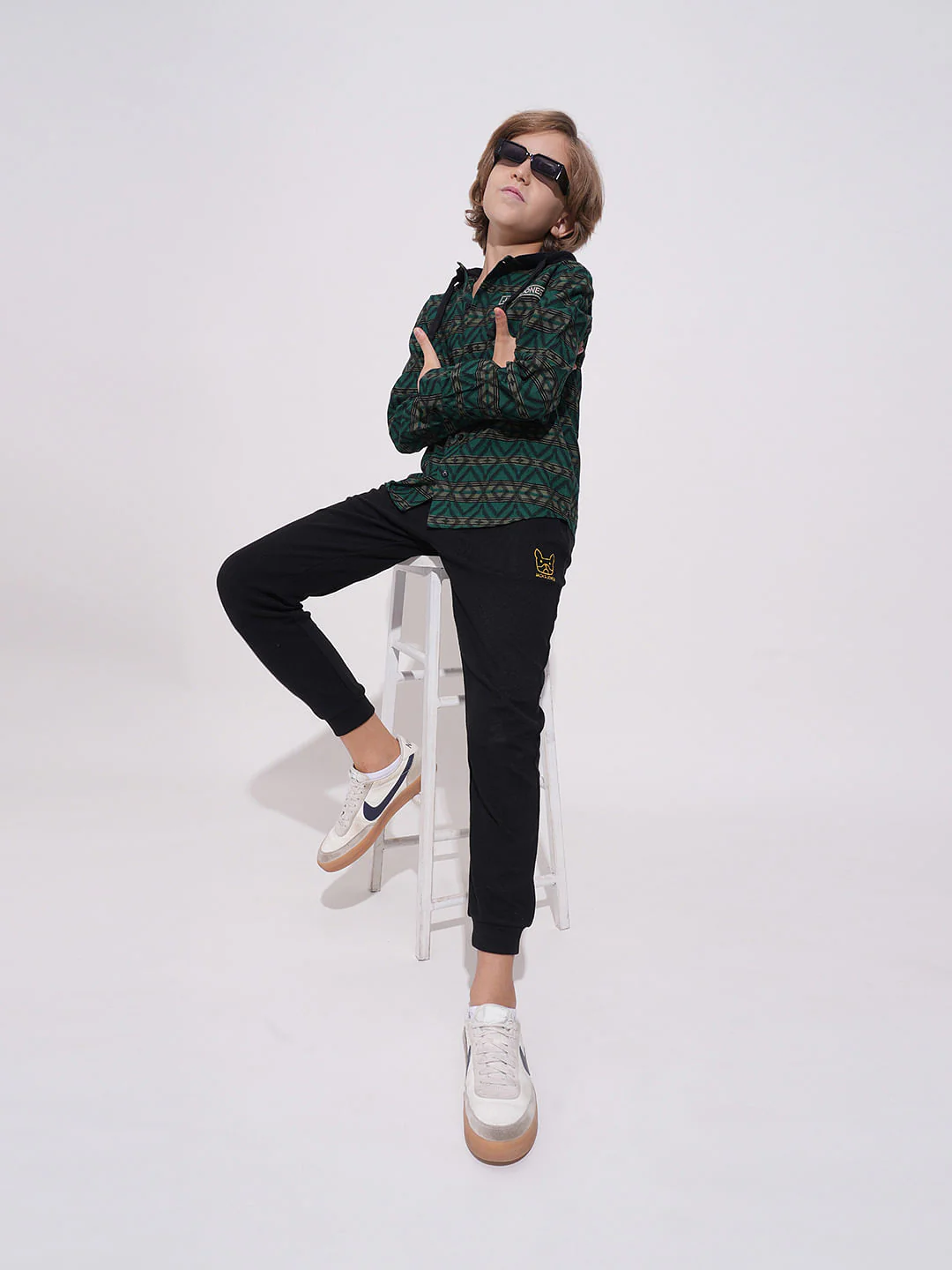Boys Green Check Hooded Jacquard Shirt - Image 5