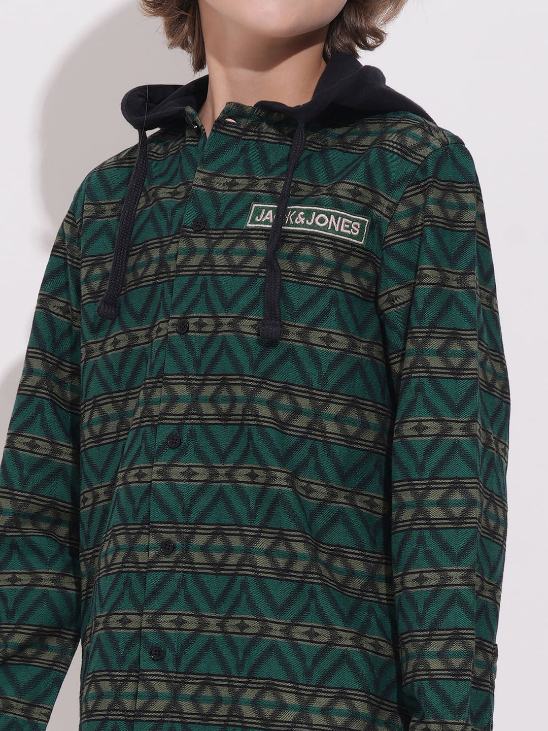 Boys Green Check Hooded Jacquard Shirt - Image 6