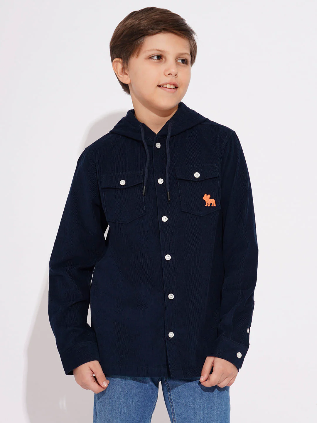 Navy Blue Corduroy Hooded Shirt - Image 2