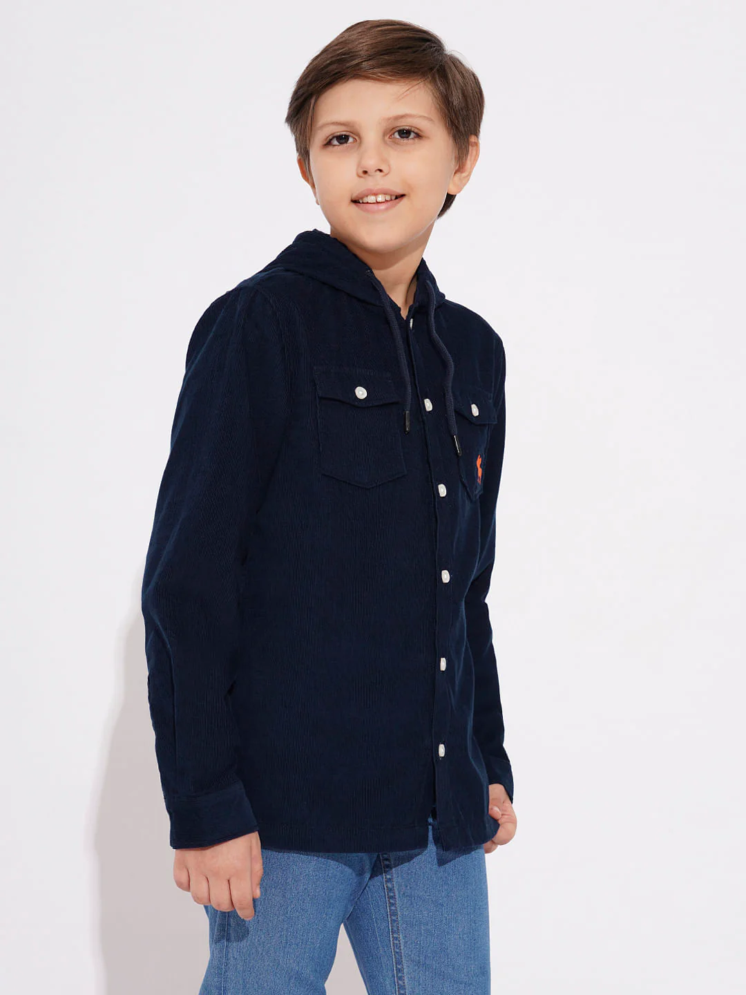 Navy Blue Corduroy Hooded Shirt - Image 3
