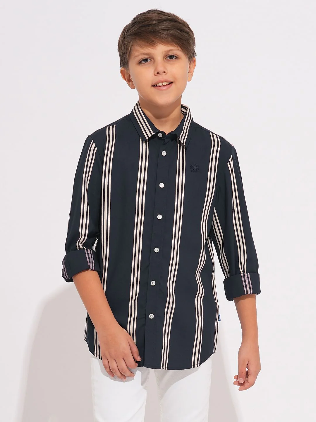 Boys Navy Blue Striped Full Sleeves Shirt - Image 2