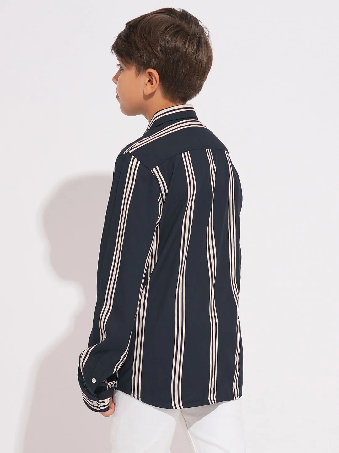 Boys Navy Blue Striped Full Sleeves Shirt - Image 4