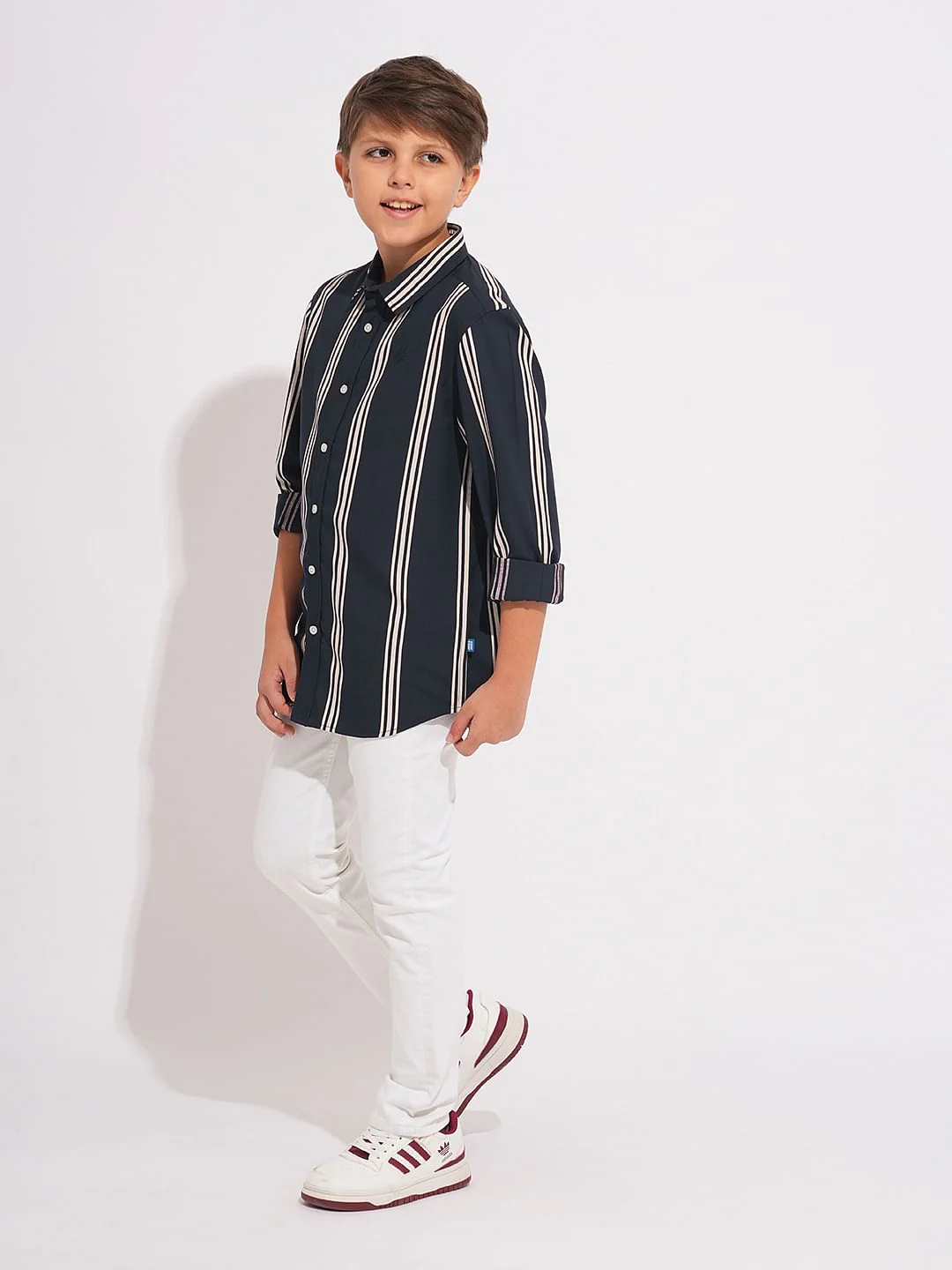 Boys Navy Blue Striped Full Sleeves Shirt - Image 5