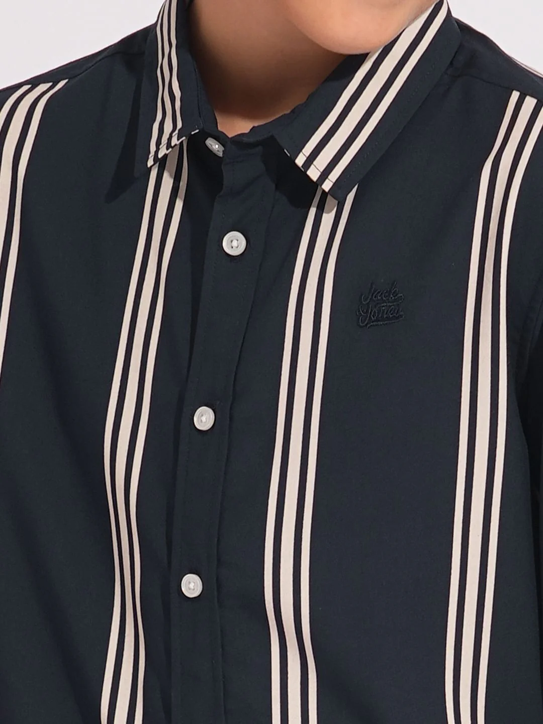 Boys Navy Blue Striped Full Sleeves Shirt - Image 6