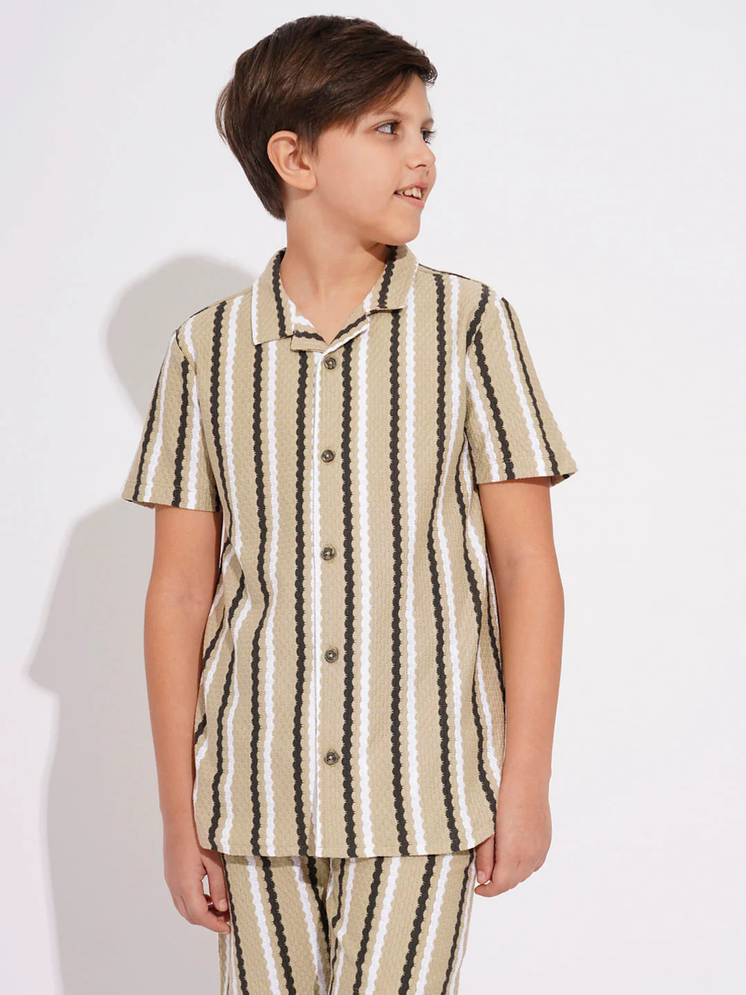 BOYS Beige Striped Co-ord Set Shirt - Image 2