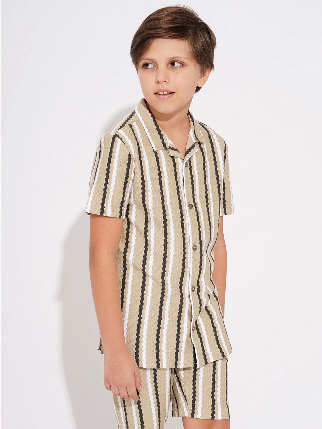 BOYS Beige Striped Co-ord Set Shirt - Image 3