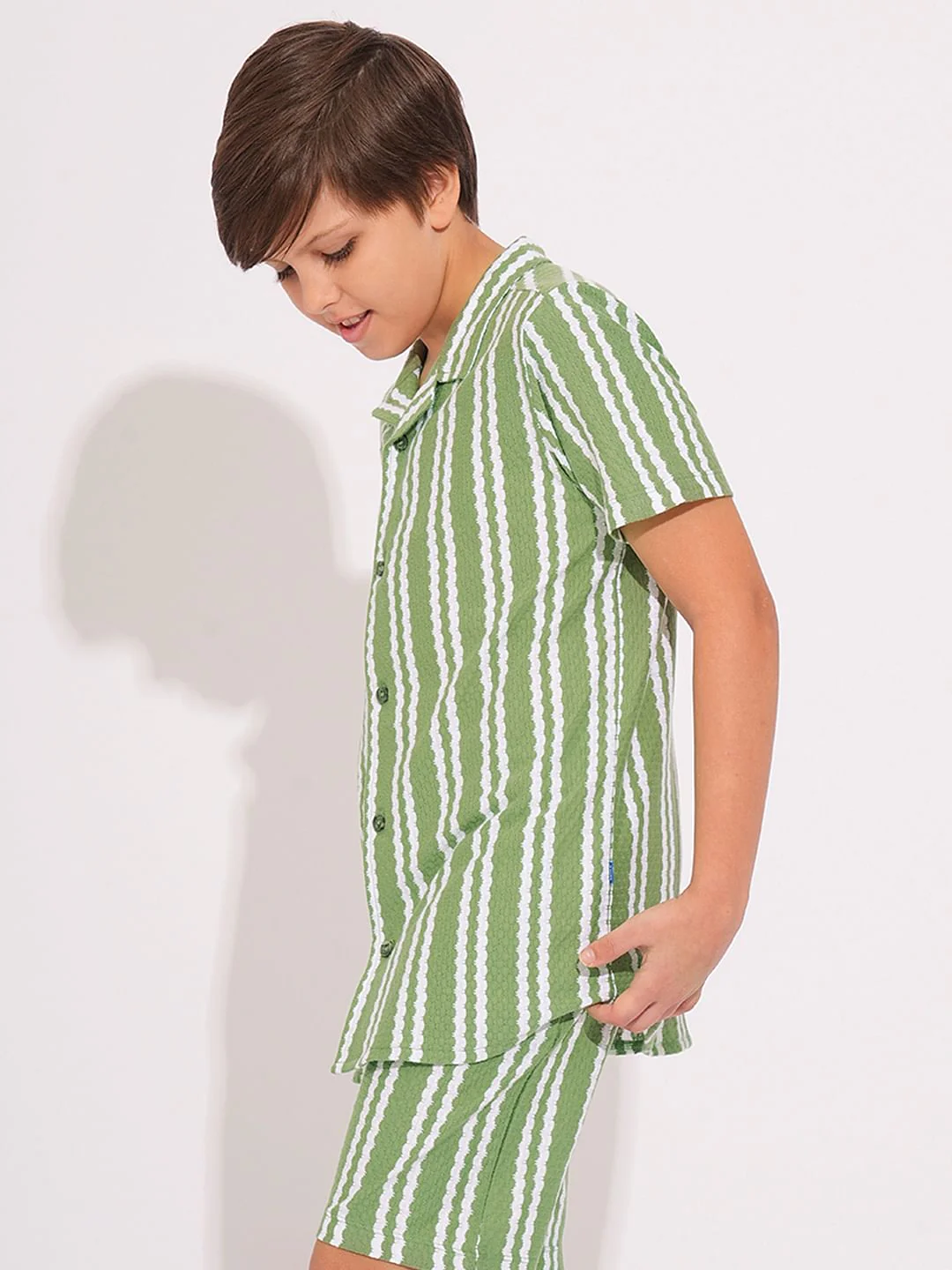 Boys Green Striped Co-ord Set Shirt - Image 3