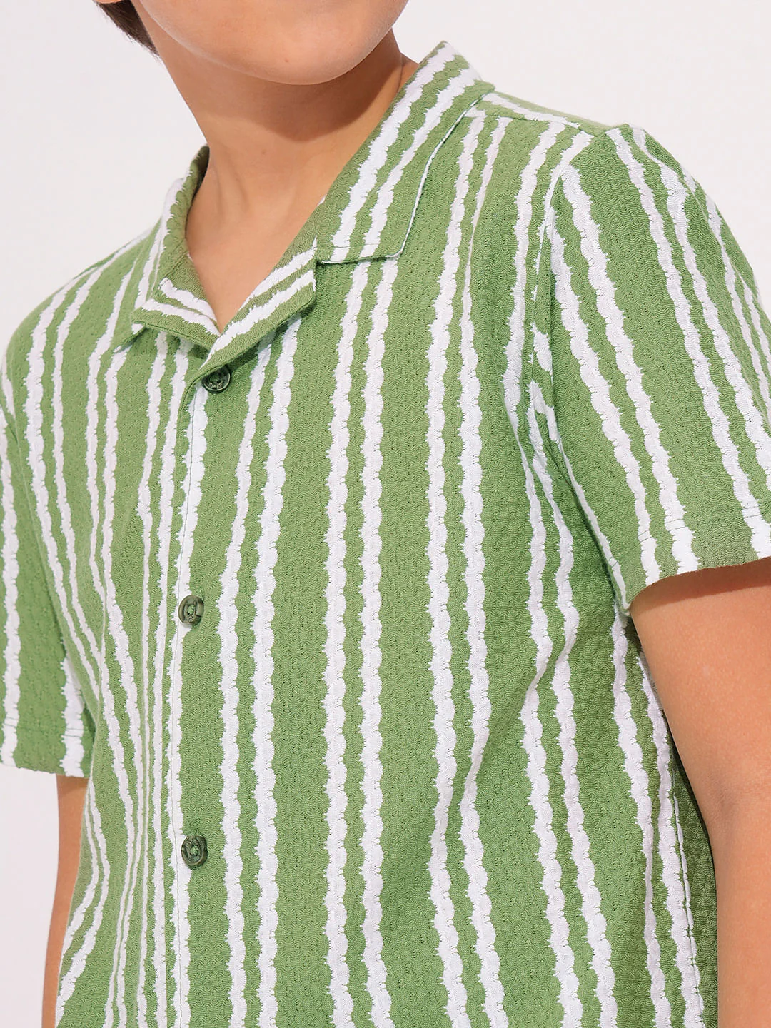 Boys Green Striped Co-ord Set Shirt - Image 6