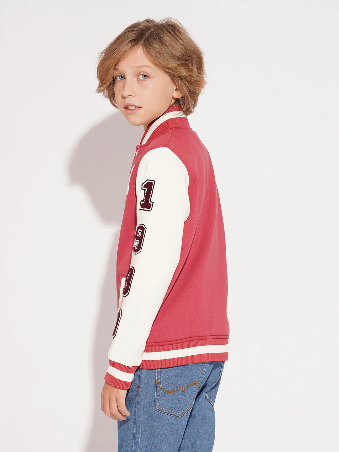 Boys Red Colourblocked Varsity Bomber Jacket - Image 4