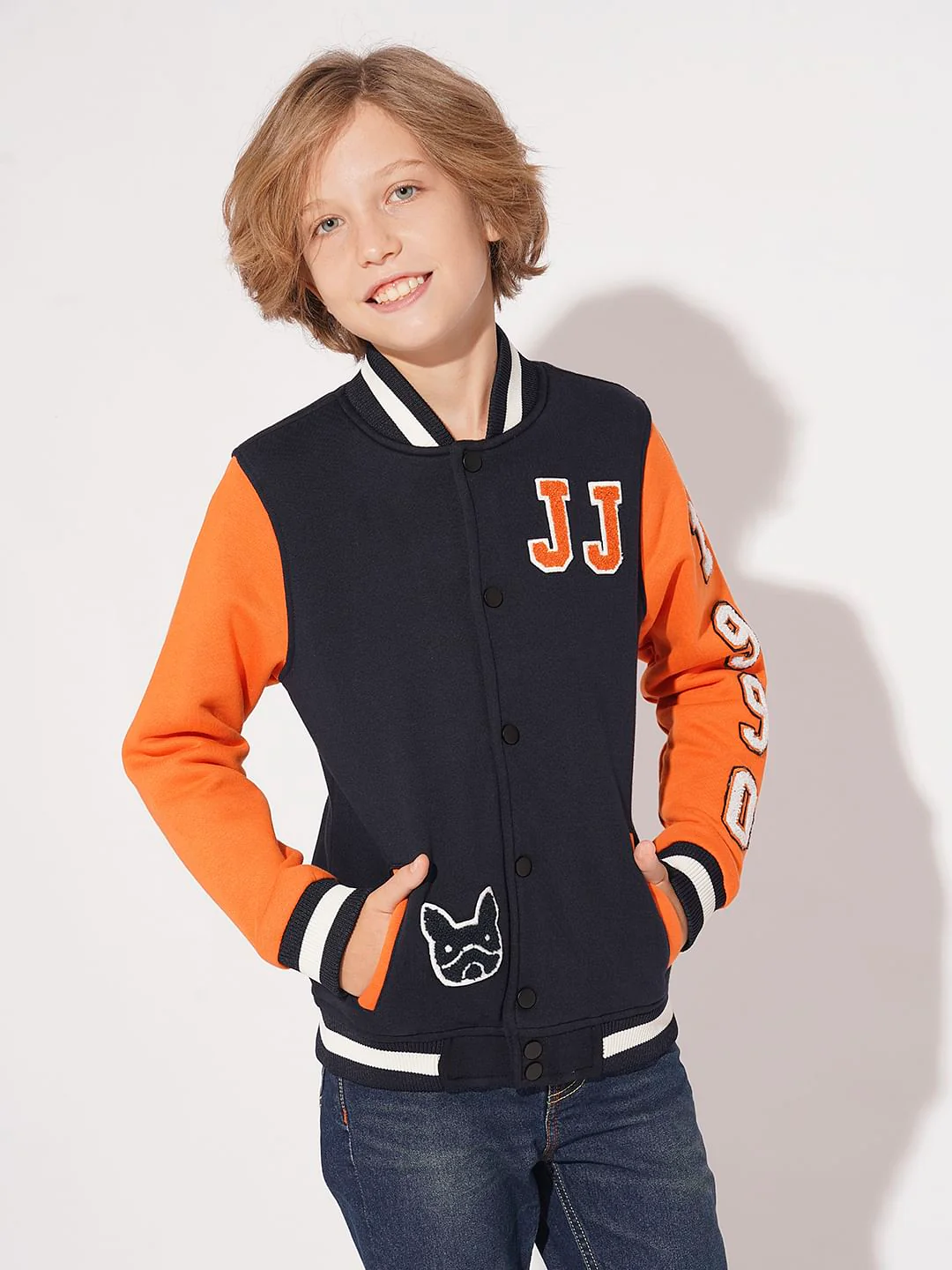 Boys Navy Blue Colourblocked Varsity Bomber Jacket - Image 2