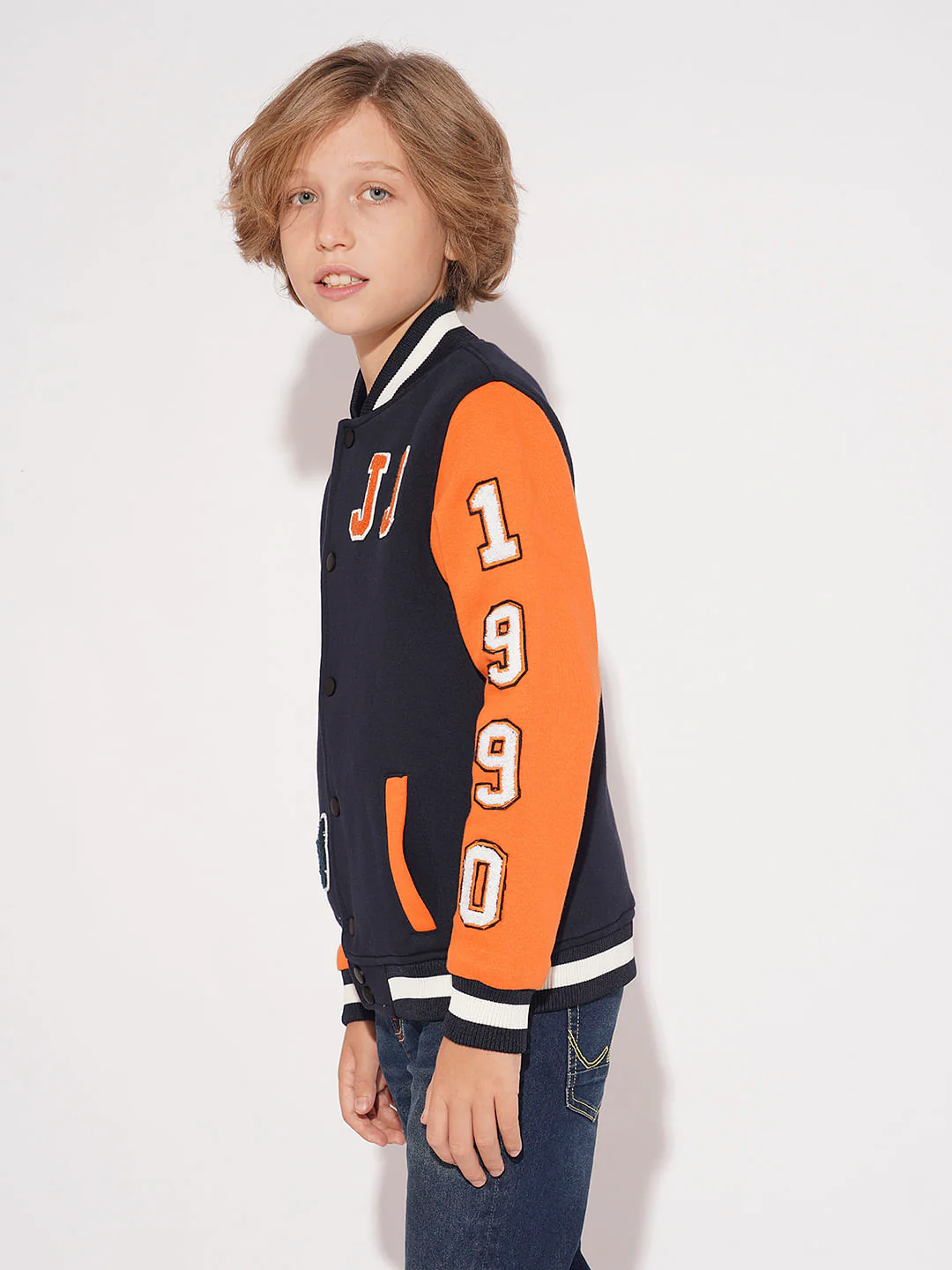 Boys Navy Blue Colourblocked Varsity Bomber Jacket - Image 3