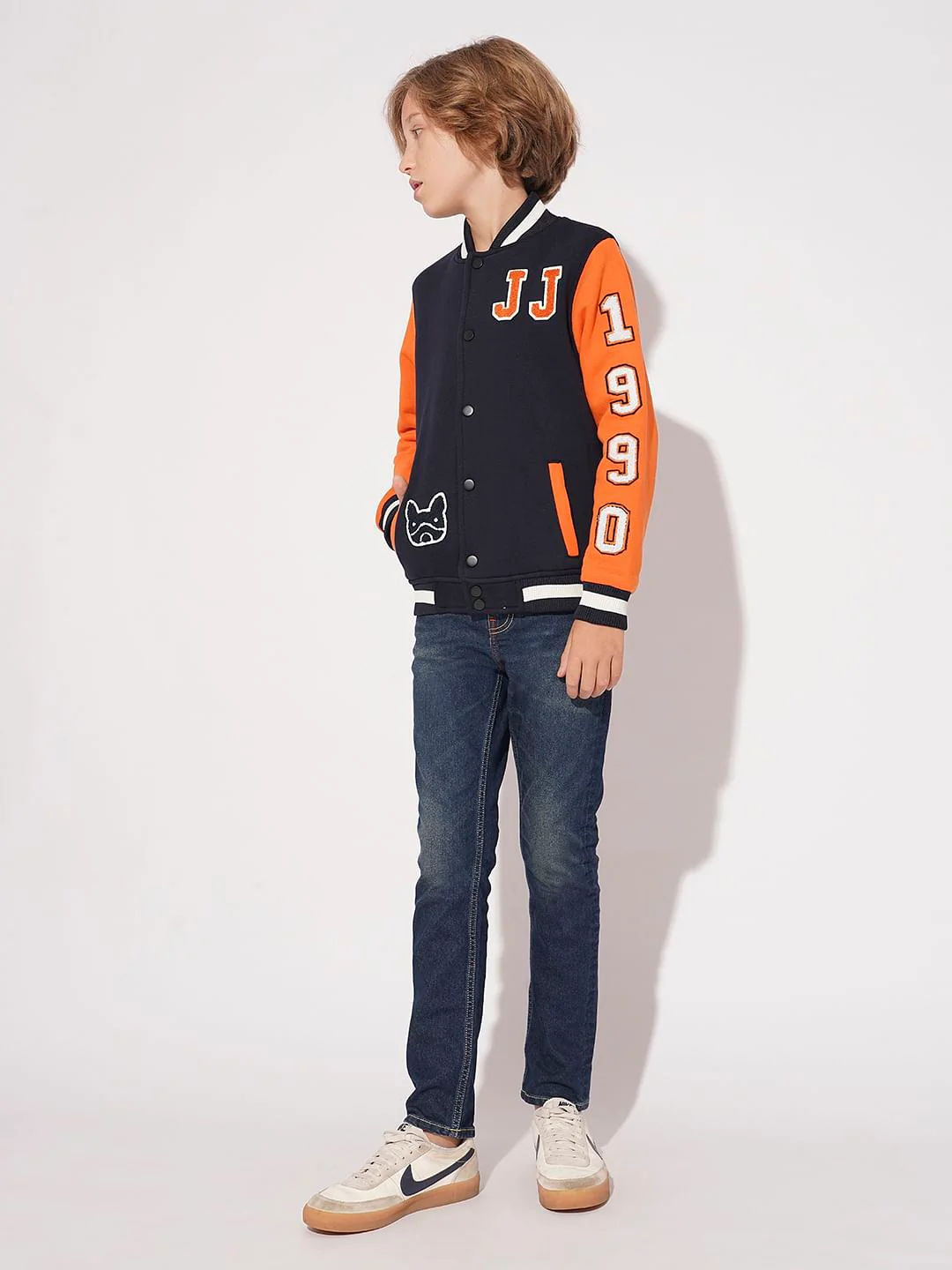 Boys Navy Blue Colourblocked Varsity Bomber Jacket - Image 5