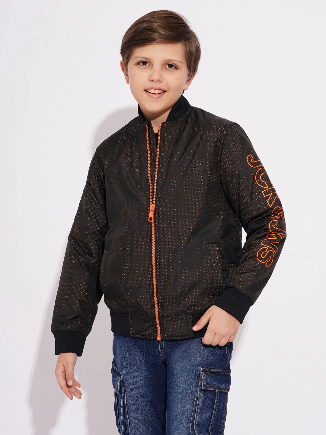 Boys Black Printed Mesh Bomber Jacket - Image 2
