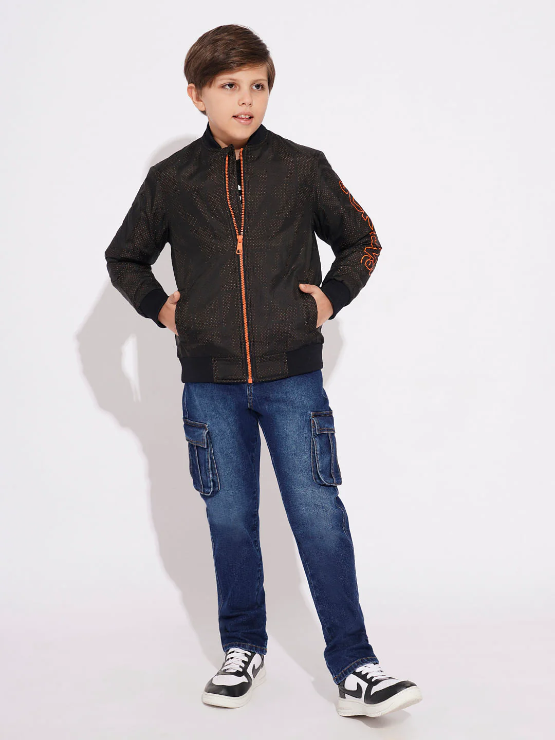 Boys Black Printed Mesh Bomber Jacket - Image 5