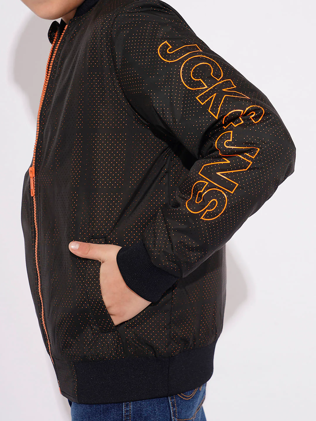 Boys Black Printed Mesh Bomber Jacket - Image 6