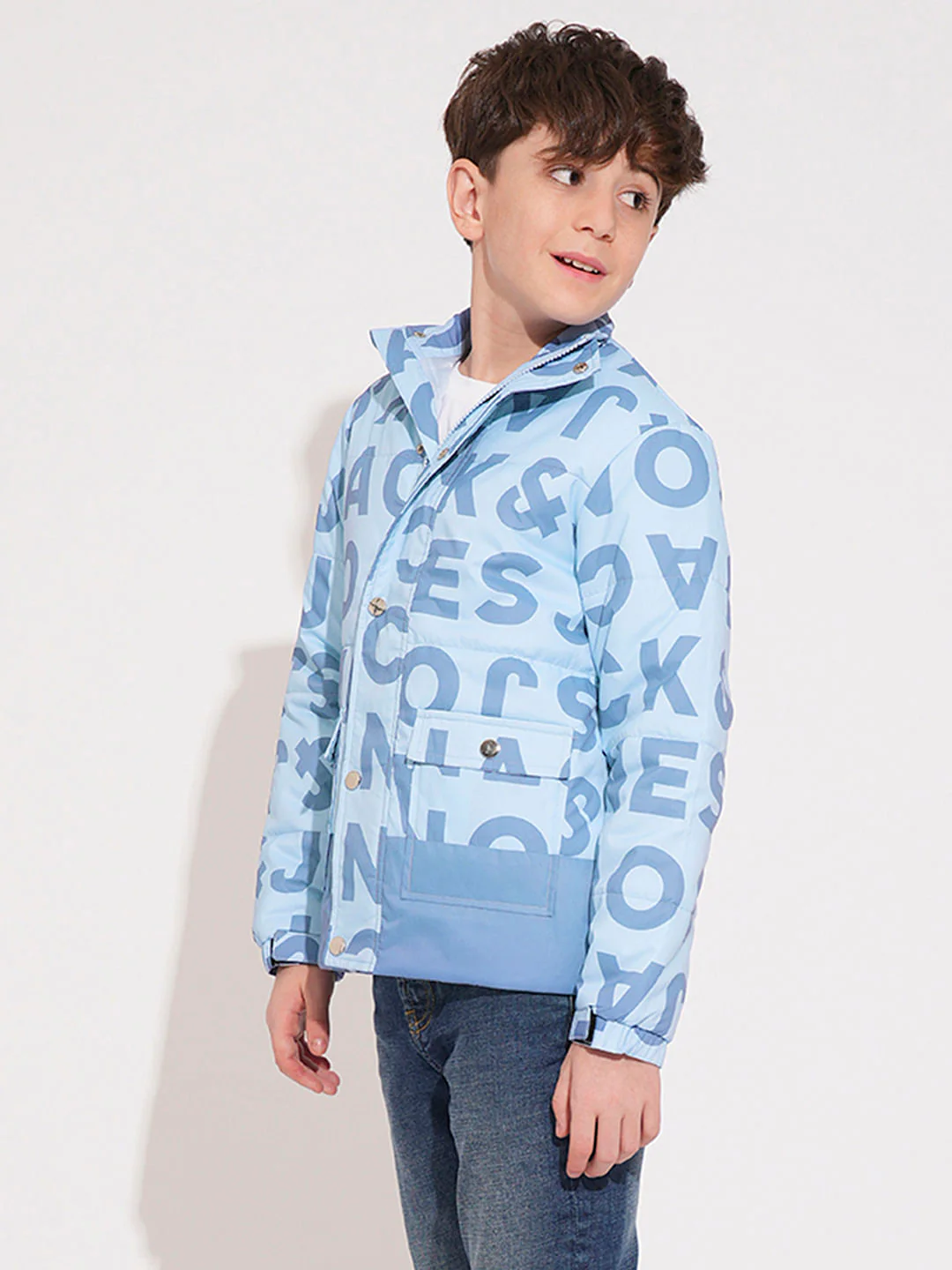 Boys Blue Typographic Print Jacket - Image 3