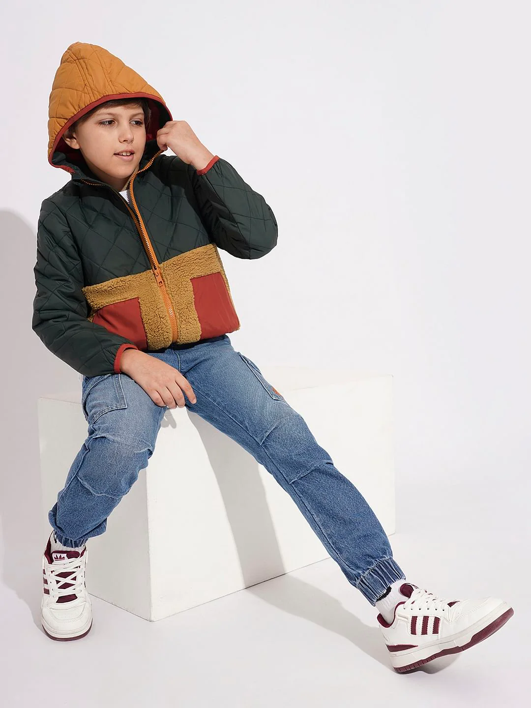Boys Green Colourblocked Hooded Jacket