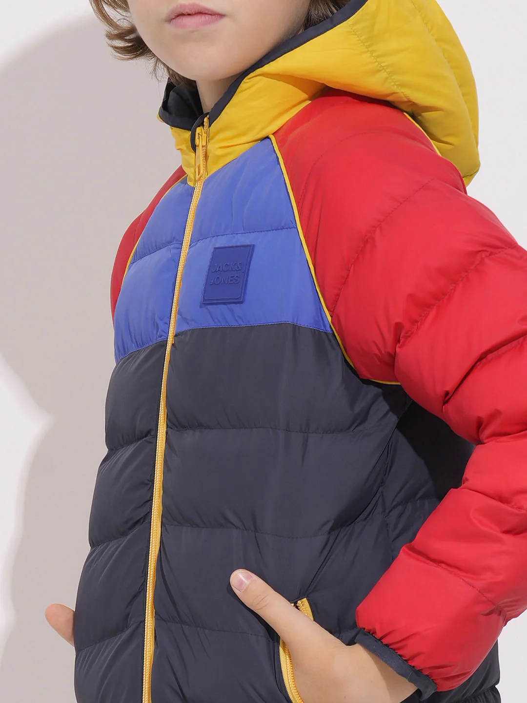 Boys Red Colourblocked Puffer Jacket - Image 6