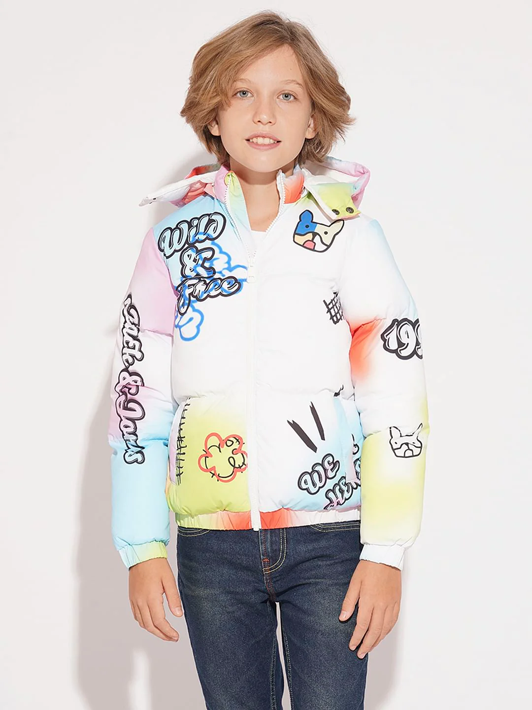 Boys White Printed Hooded Puffer Jacket - Image 2
