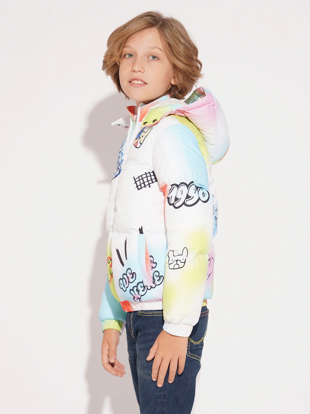 Boys White Printed Hooded Puffer Jacket - Image 3