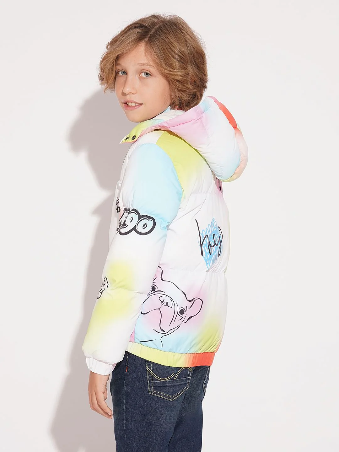 Boys White Printed Hooded Puffer Jacket - Image 4