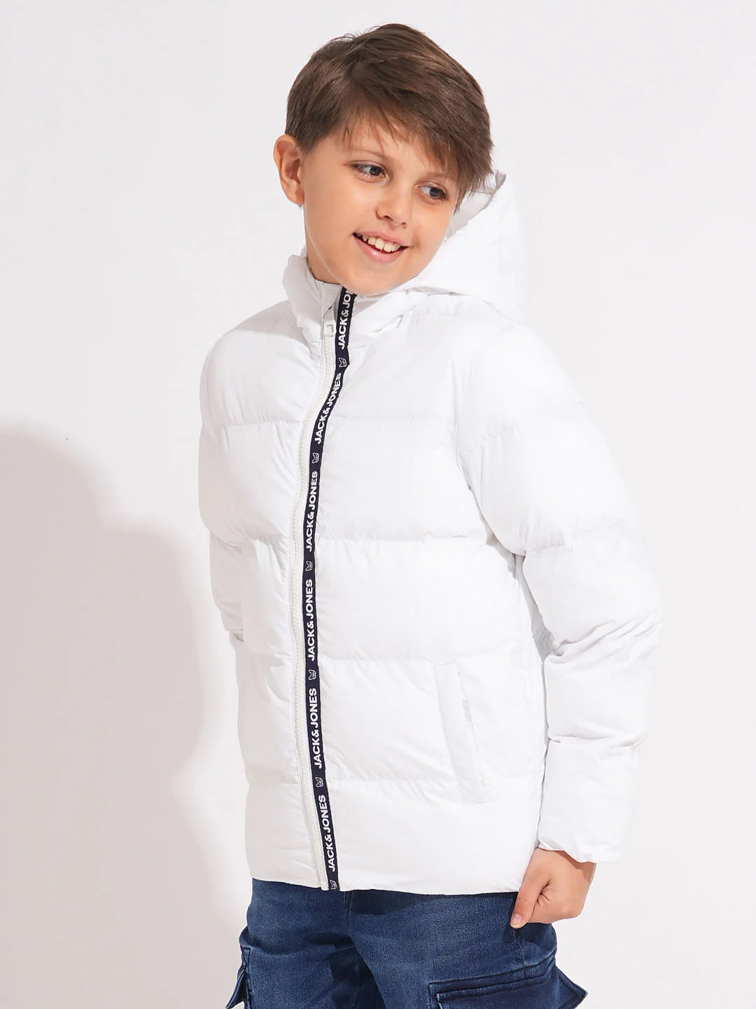 Boys White Hooded Puffer Jacket - Image 3