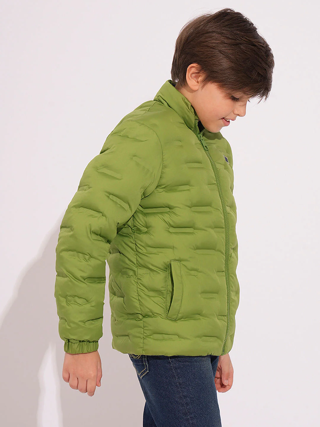 Boys Green High Neck Puffer Jacket - Image 3