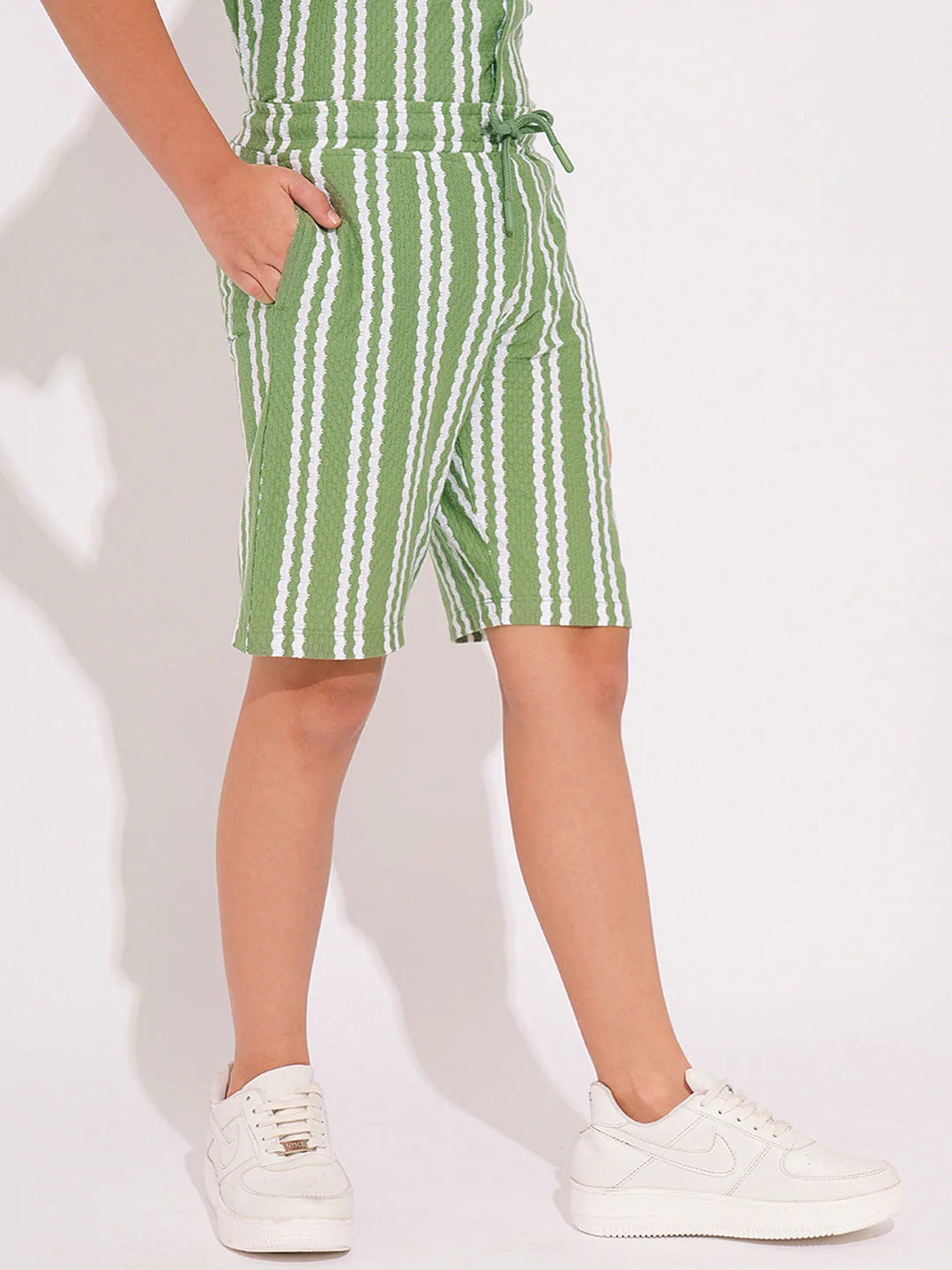 Boys Green Striped Co-ord Set Shorts - Image 2