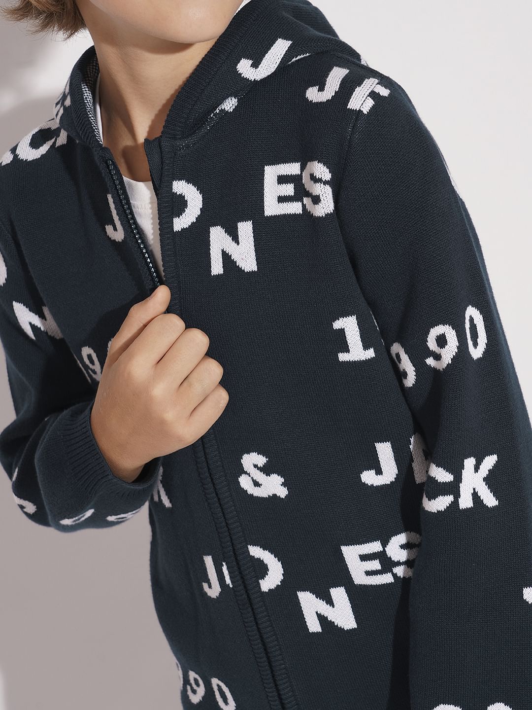 Boys Navy Blue Knitted Hooded Sweater - Image 6