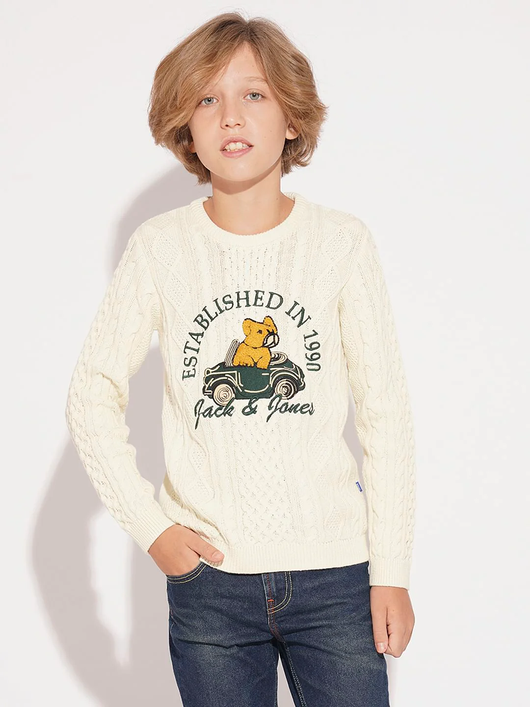 Boys Beige Knitted Printed Sweater - Image 2