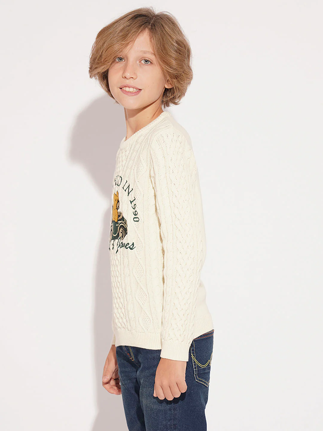 Boys Beige Knitted Printed Sweater - Image 3