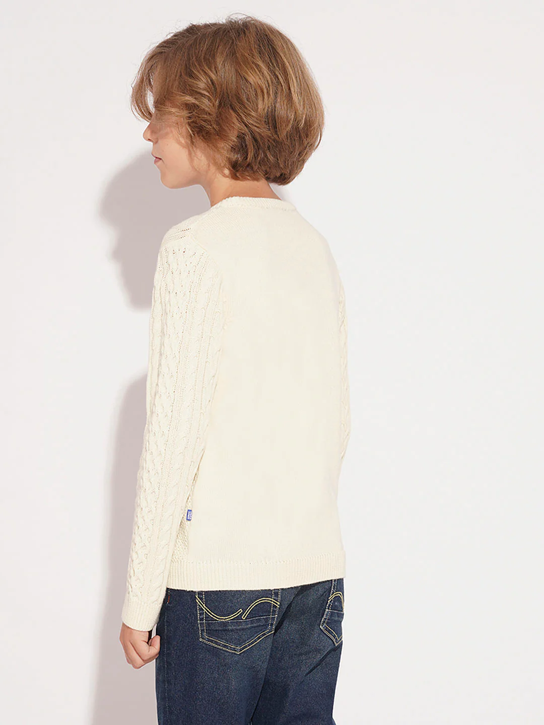 Boys Beige Knitted Printed Sweater - Image 4