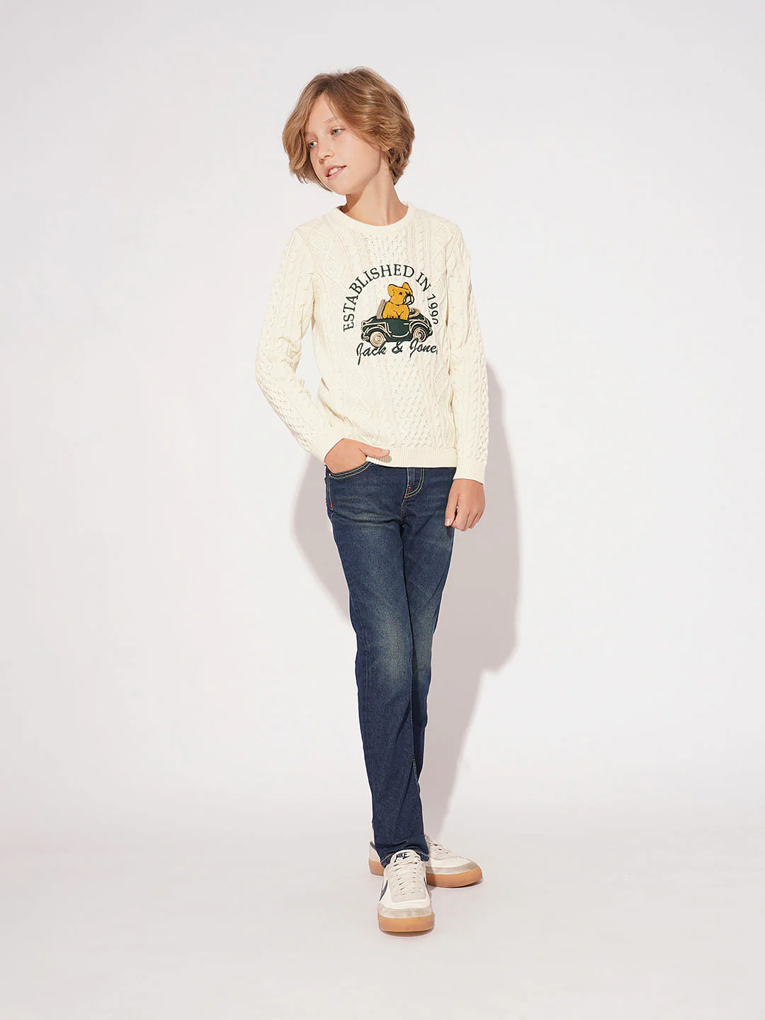 Boys Beige Knitted Printed Sweater - Image 5