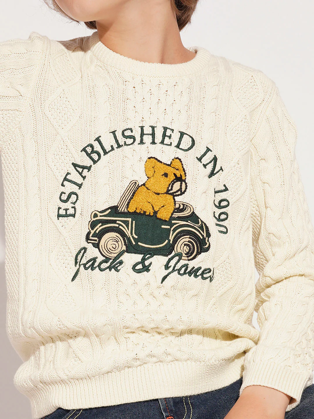 Boys Beige Knitted Printed Sweater - Image 6