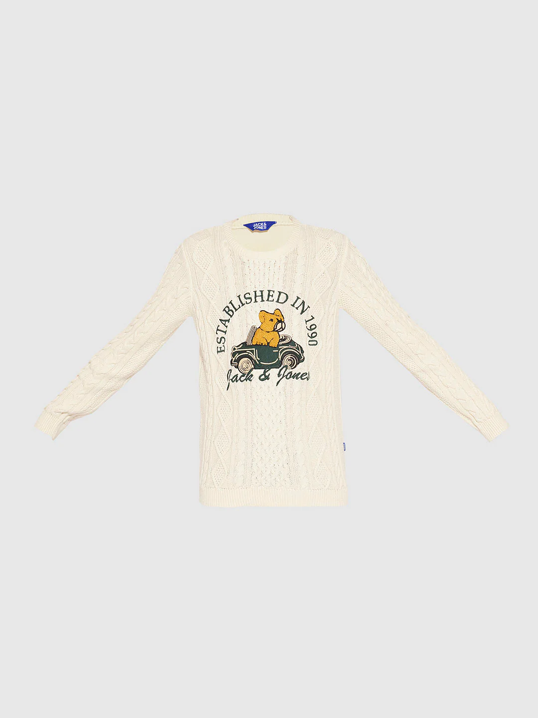 Boys Beige Knitted Printed Sweater - Image 7