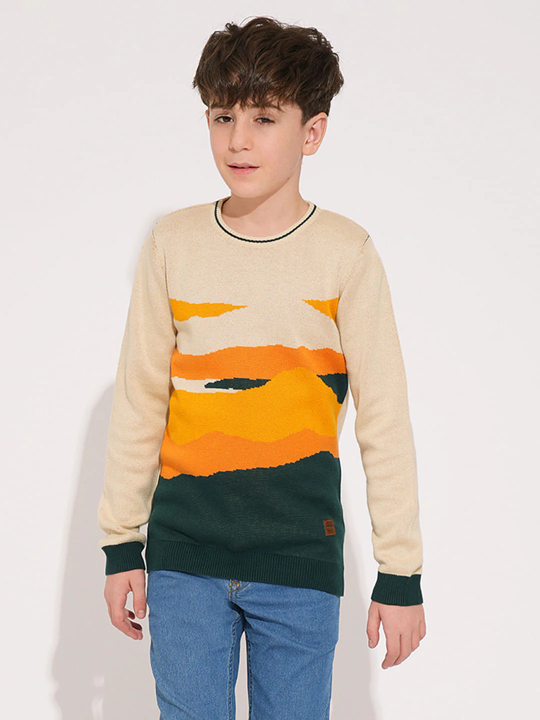 Boys Beige Printed Knitted Pullover - Image 2