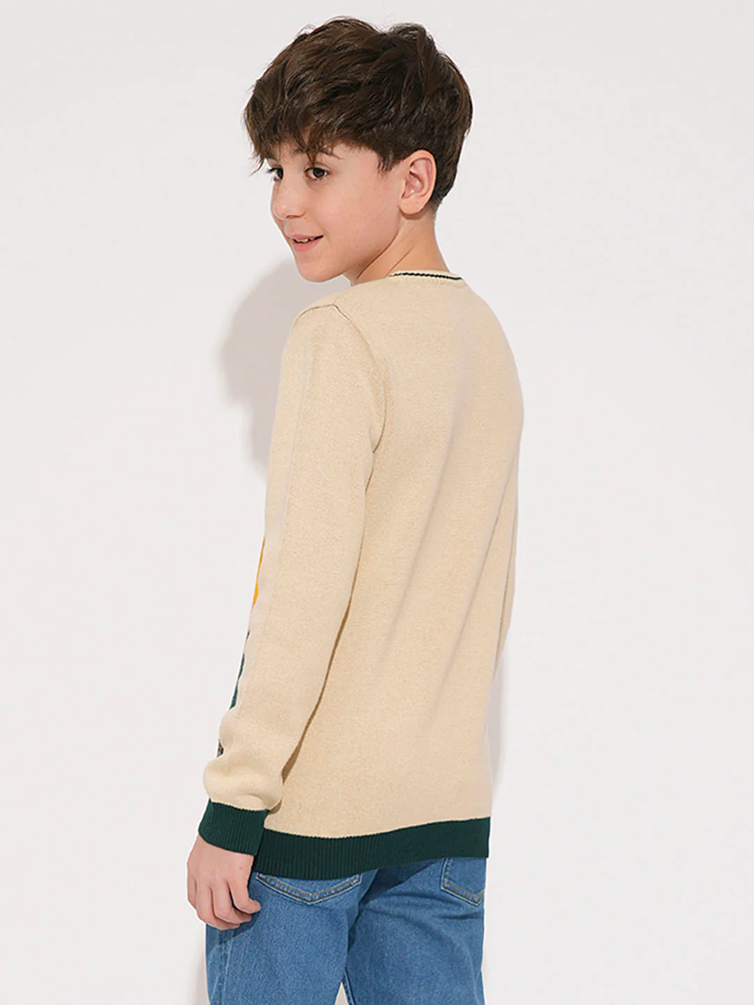 Boys Beige Printed Knitted Pullover - Image 4