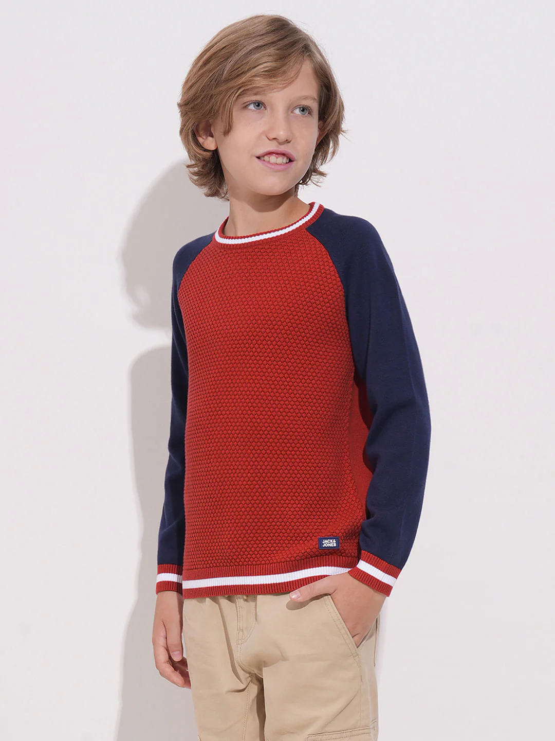 Boys Red Knitted Colourblocked Sweater - Image 3