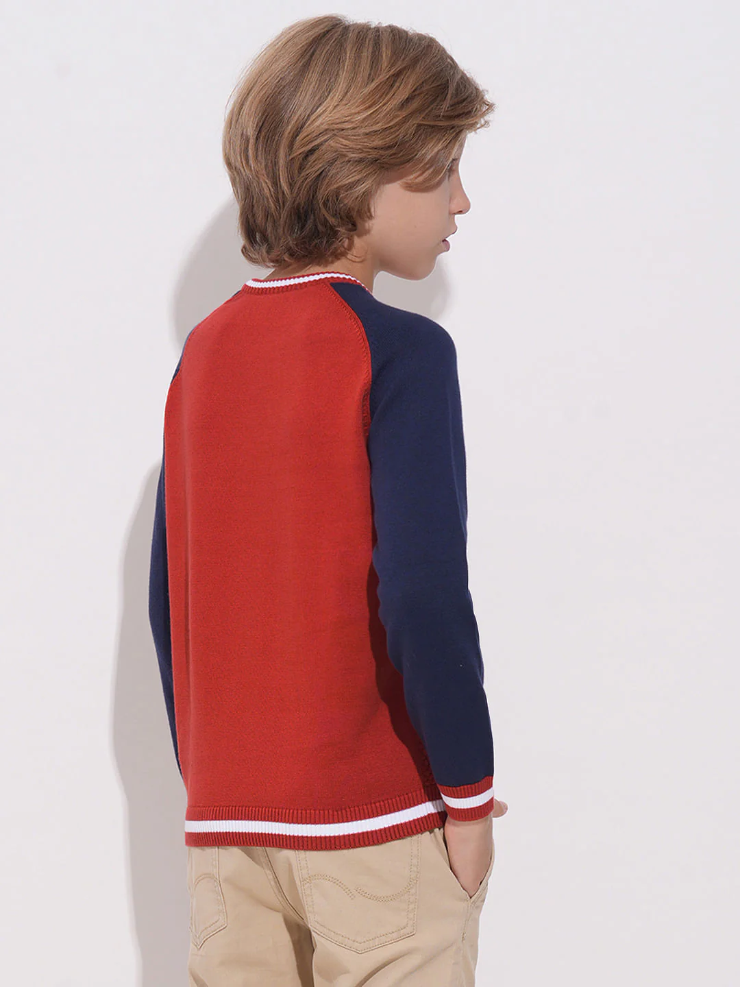 Boys Red Knitted Colourblocked Sweater - Image 4