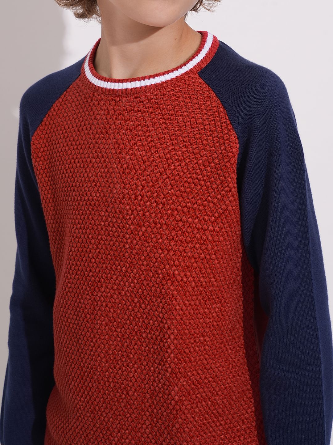 Boys Red Knitted Colourblocked Sweater - Image 6