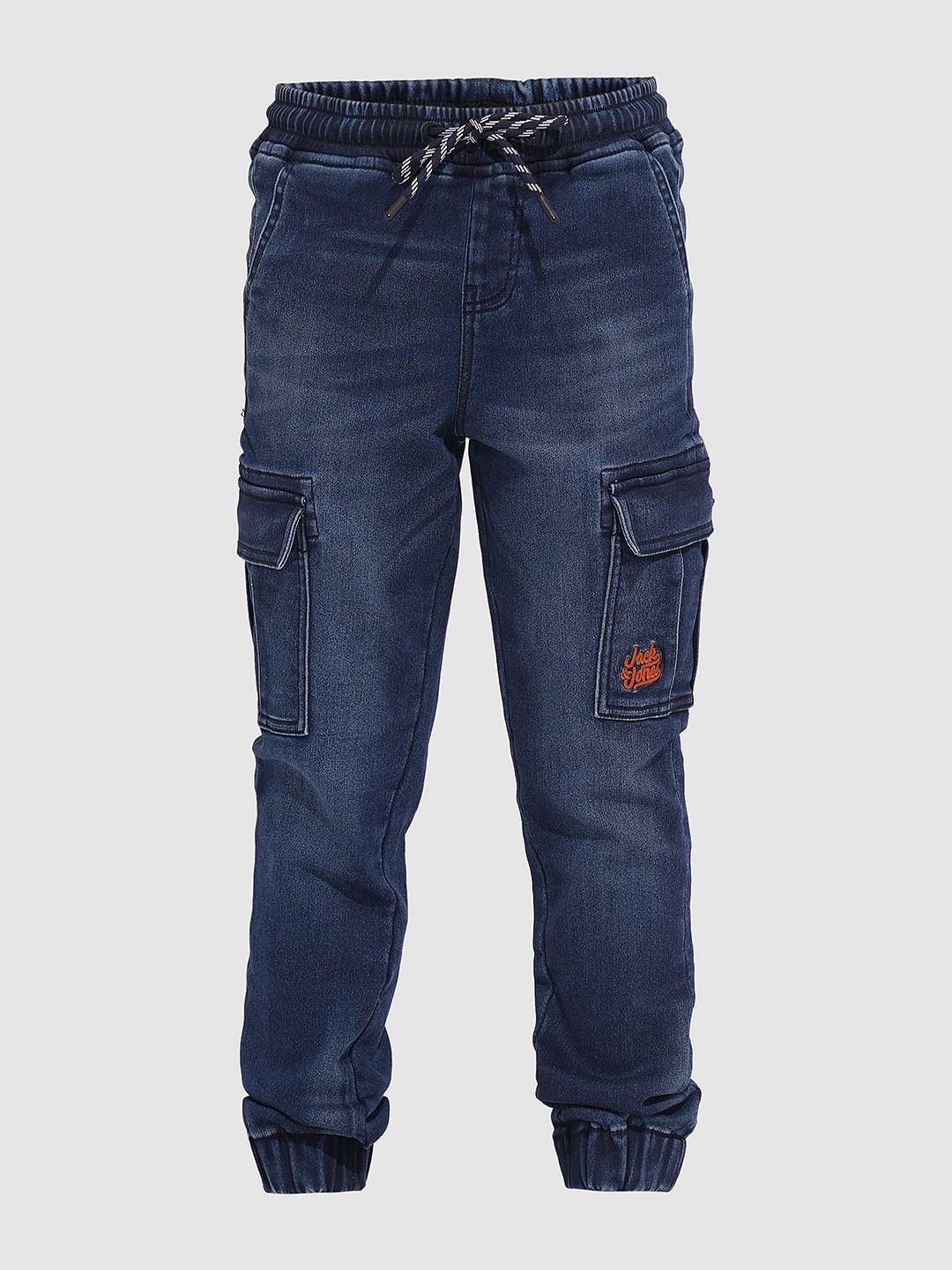 Boys Blue Patch Pocket Denim Joggers - Image 7