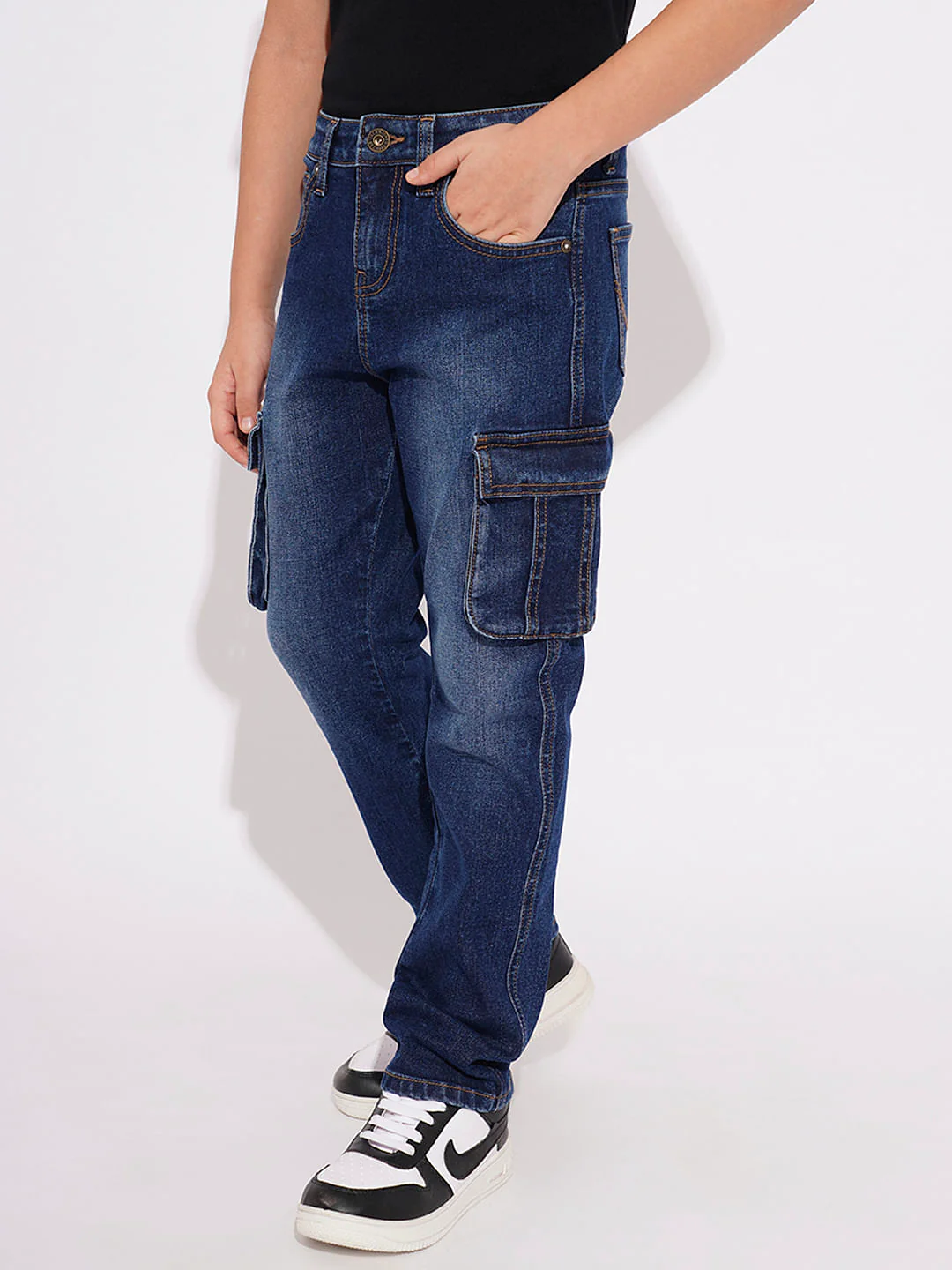 BOYS Dark Blue Patch Pockets Regular Fit Jeans - Image 3