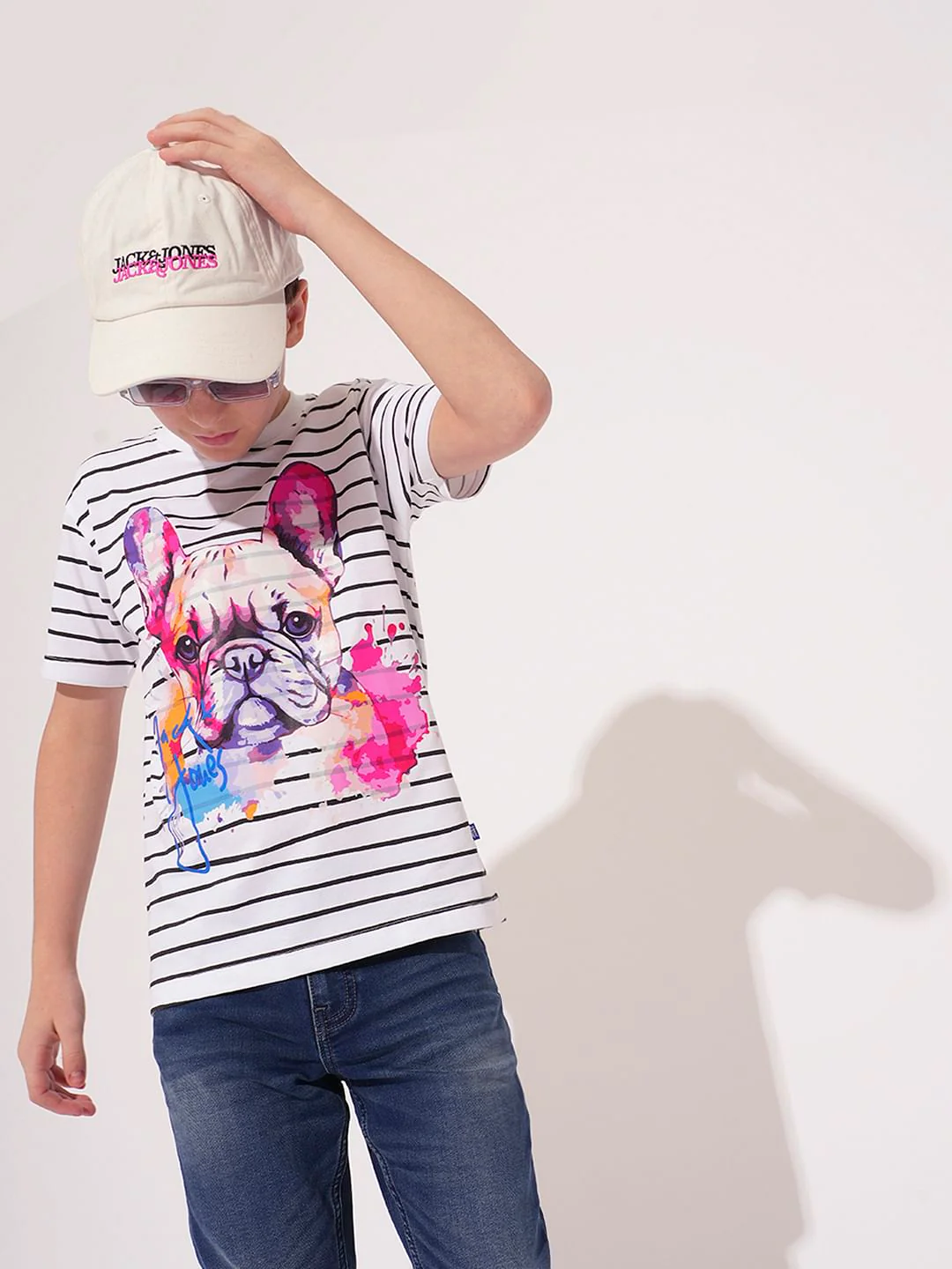 Boys White Striped Cotton T-shirt