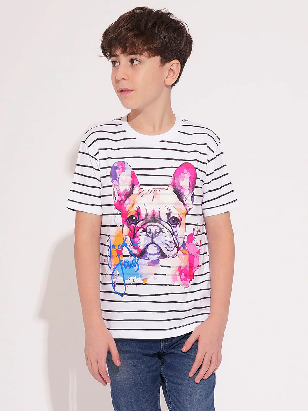 Boys White Striped Cotton T-shirt - Image 2