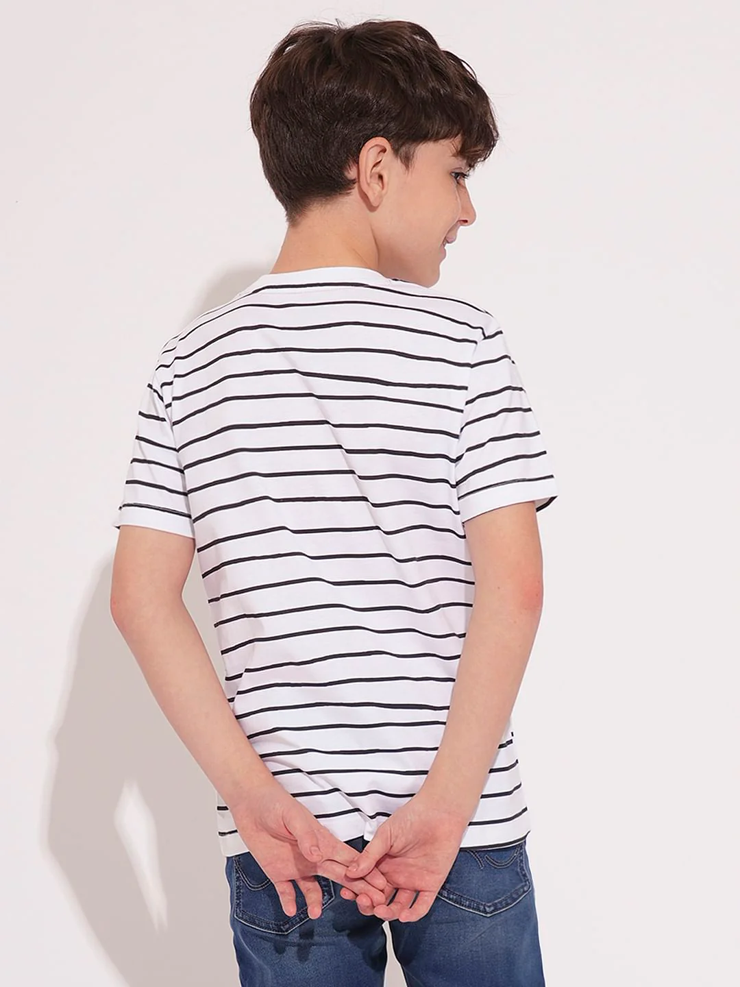 Boys White Striped Cotton T-shirt - Image 4