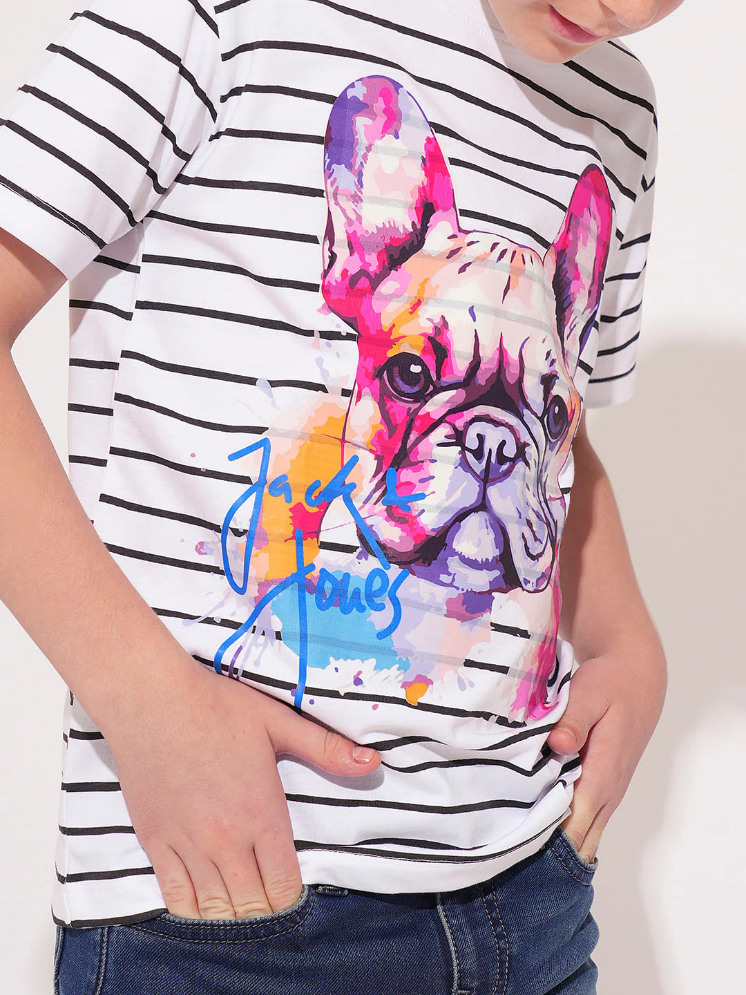 Boys White Striped Cotton T-shirt - Image 6