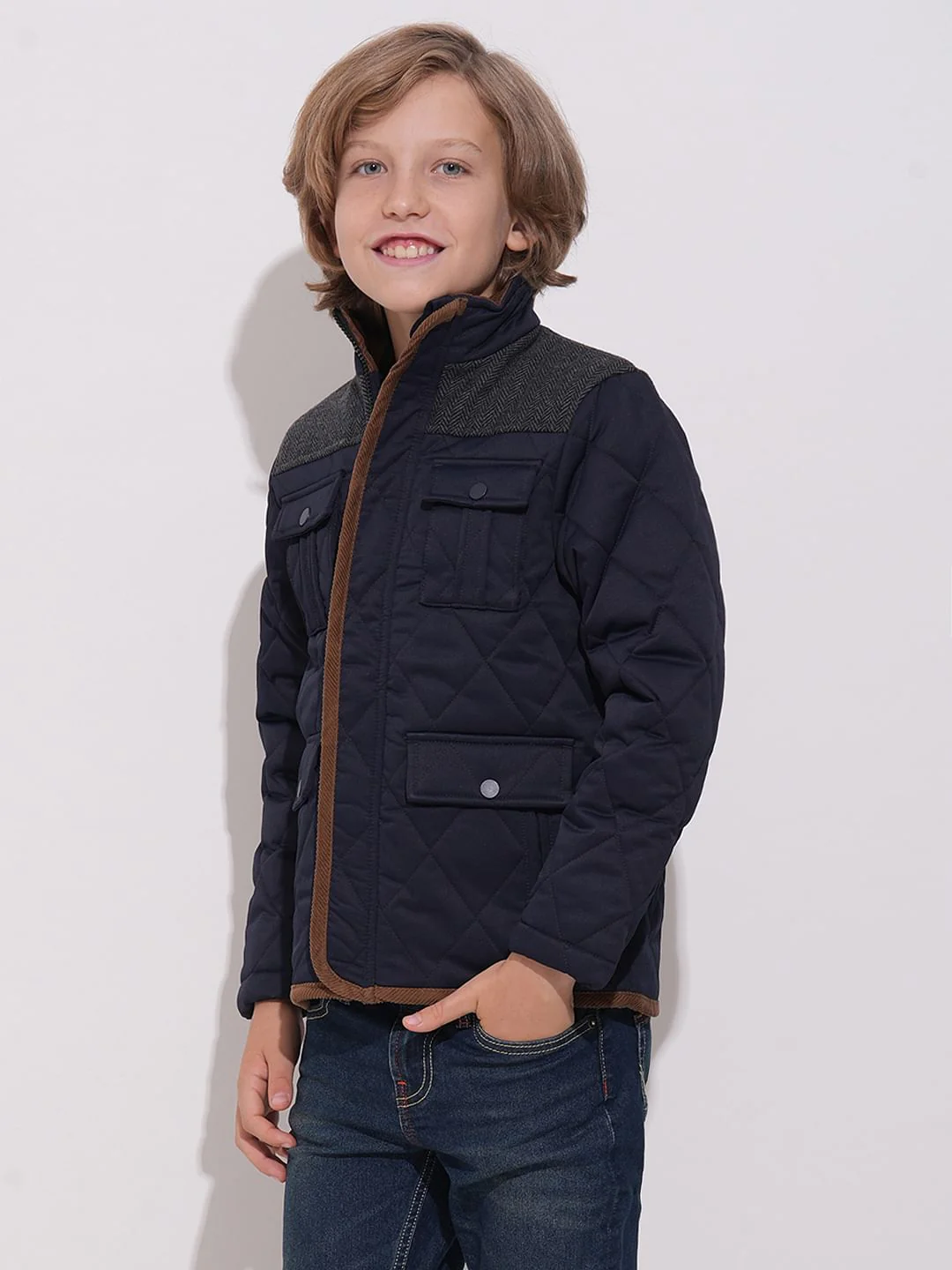 Boys Navy Blue Tweed High Neck Jacket - Image 3