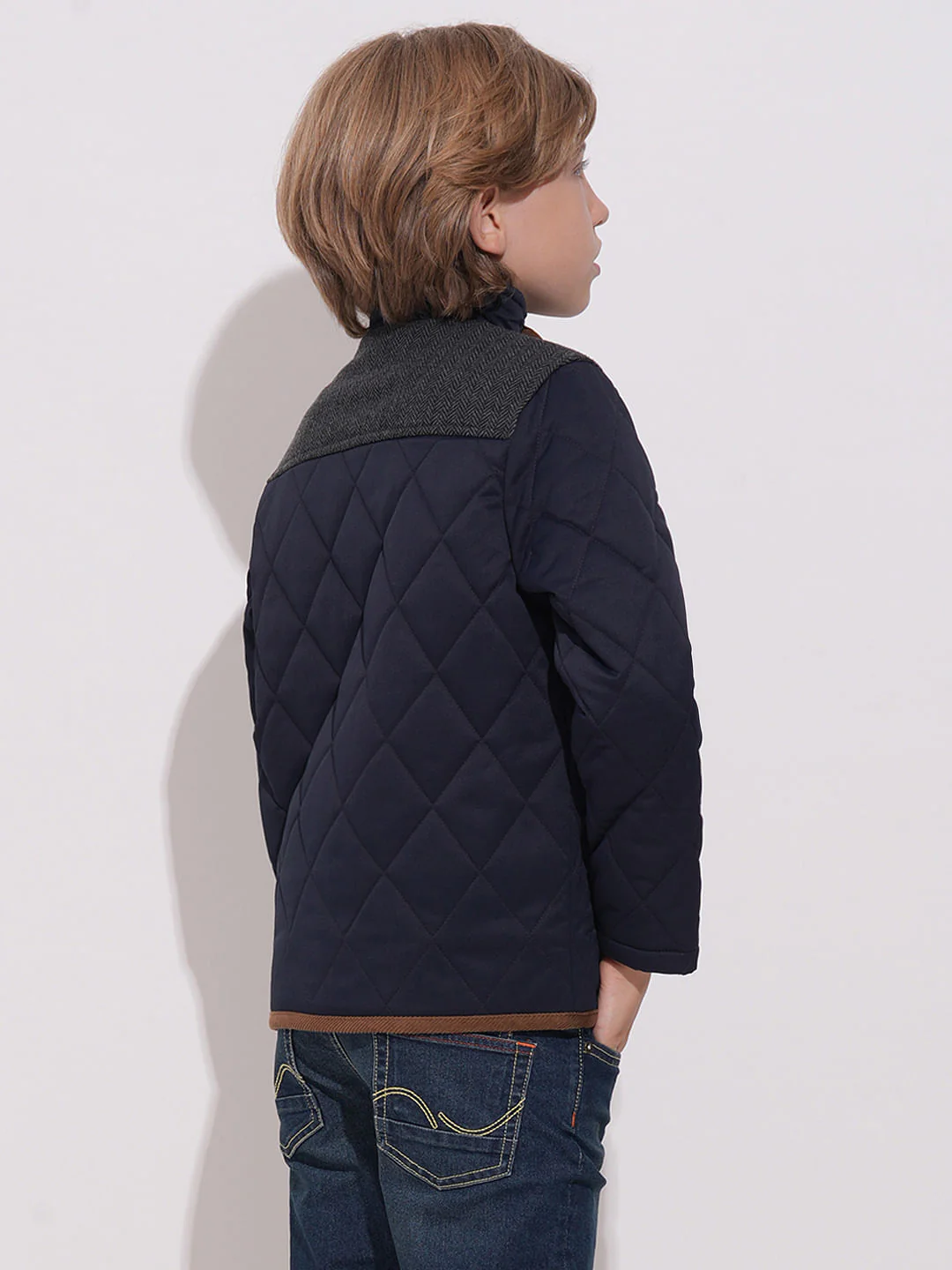 Boys Navy Blue Tweed High Neck Jacket - Image 4
