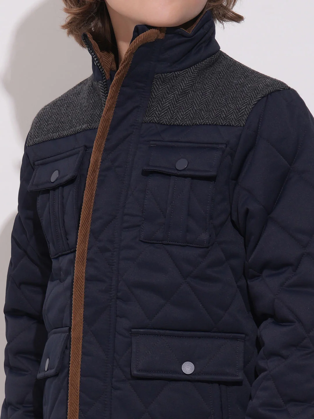 Boys Navy Blue Tweed High Neck Jacket - Image 6