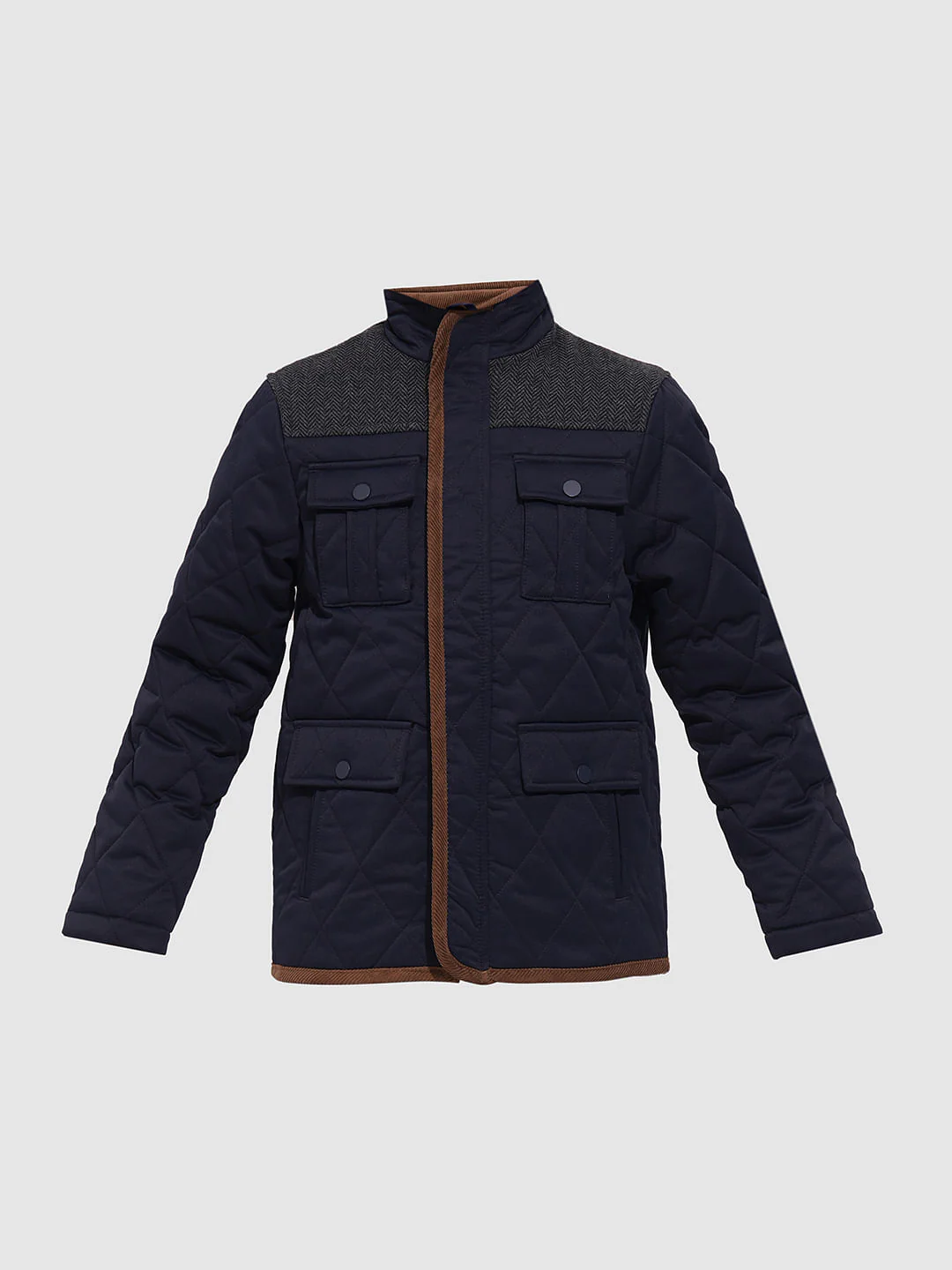 Boys Navy Blue Tweed High Neck Jacket - Image 7